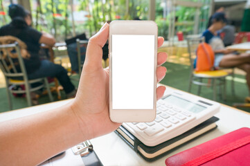 Businessman showing blank business card and holding smart phone..Business man holding white blank card space for text. product display
