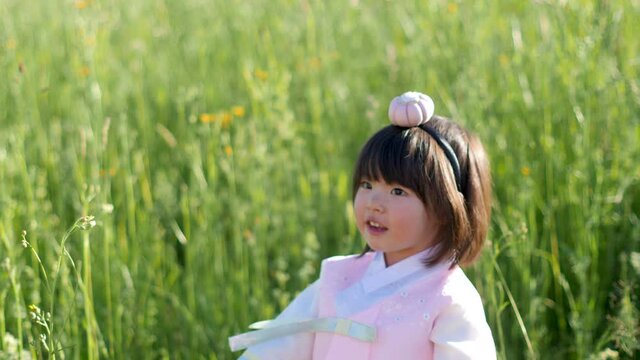 korean national children pink costume on a four-year-old girl standing