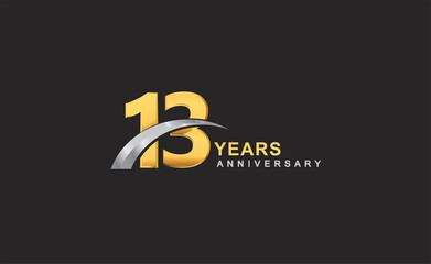 13th years anniversary logo with golden ring and silver swoosh isolated on black background, for birthday and anniversary celebration.