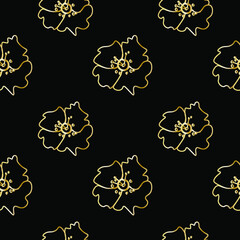 Vector seamless pattern with golden flowers on black isolated hand drawn background.Botanical,Spring,Summer doodle style line print.Designs for textiles,fabic,wrapping paper,packaging,invitations.