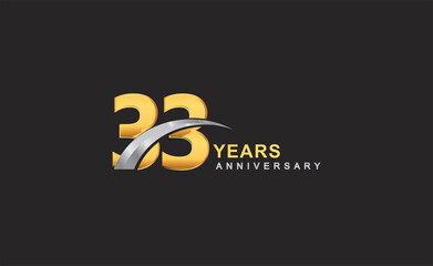 33rd years anniversary logo with golden ring and silver swoosh isolated on black background, for birthday and anniversary celebration.