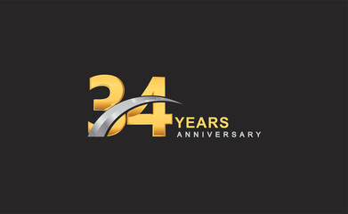 Fototapeta na wymiar 34th years anniversary logo with golden ring and silver swoosh isolated on black background, for birthday and anniversary celebration.