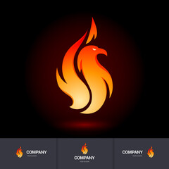 Illustration of Stylized Flaming Phoenix or Falcon, Eagle Bird Logo Designs Template on Black Backdrop