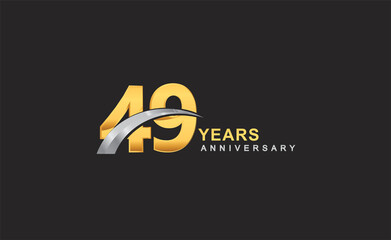 49th years anniversary logo with golden ring and silver swoosh isolated on black background, for birthday and anniversary celebration.
