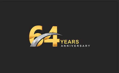 64th years anniversary logo with golden ring and silver swoosh isolated on black background, for birthday and anniversary celebration.