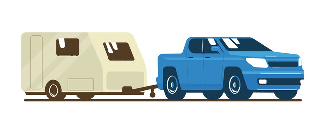 Pickup truck car and trailer caravan isolated. Vector flat style illustration. - obrazy, fototapety, plakaty