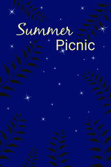 Fototapeta na wymiar Vector background for summer picnic. Dark background, starry sky, silhouettes of plants