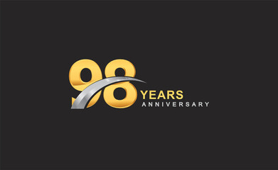 98th years anniversary logo with golden ring and silver swoosh isolated on black background, for birthday and anniversary celebration.