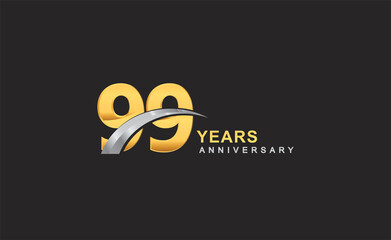 99th years anniversary logo with golden ring and silver swoosh isolated on black background, for birthday and anniversary celebration.