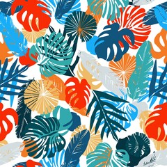 Bright tropical leaves on a white background. Colorful vector seamless pattern.