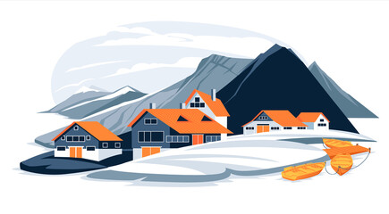 Flat nordic mountains and sea coast fishing village landscape illustration. Cartoon colorful cold palette.