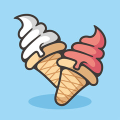 Two vanilla and strawberry ice cream cone cartoon illustration style with color and shadow detail vector