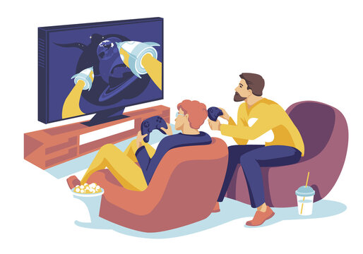Two guys playing together in a computer game on big monitor. Technology, jostick. Colorfull flat cartoon illustration.