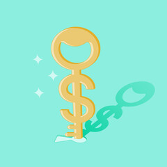 Conceptual illustration of key to money success, unlocking financial success. Vector illustration outline flat design style.