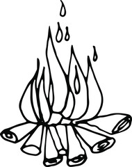 The logo of a burning fire with logs. Template, design, black and white vector illustration.