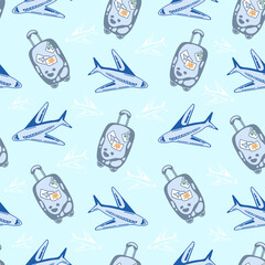 Seamless pattern for travel and vacation airplane and suitcase. Design for background decoration, wallpaper, wrapping paper, textiles, fabric.