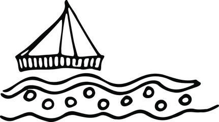 A small ship with sails on the waves drawn by hand. Black and white vector illustration.