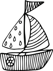 A boat with sails drawn by hand. An isolated object on a white background.