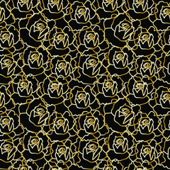 Vector seamless pattern with golden flowers on black isolated hand drawn background.Botanical,Spring,Summer doodle style line print.Designs for textiles,fabic,wrapping paper,packaging,invitations.