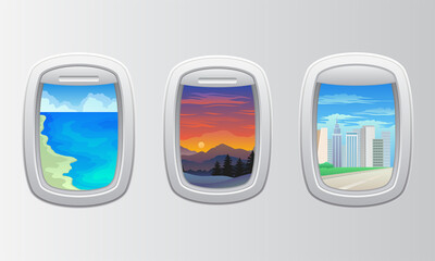 Rounded Airplane Window with Picturesque View Vector Set