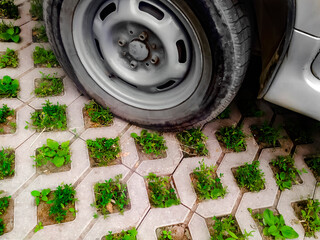Car wheel on eco friendly parking lot made of concrete with cells for grass germination, copy space. Concept of new technologies to combat environmental problems, an eco-friendly way to park cars.