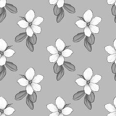 Monochrome floral seamless pattern with beautiful flowers. Black and white