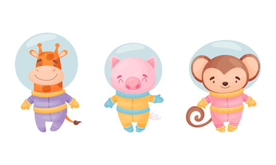 Funny Animals Wearing Astronaut Costumes or Spacesuit Floating in Space Vector Set