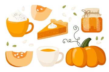 Pumpkin spice seasonal flavored products. Pumpkin, pie, jam, latte. Food and drinks isolated. Autumn delicious sweet desserts. Fall season elements for scrapbook, card, poster, invitation, sticker.
