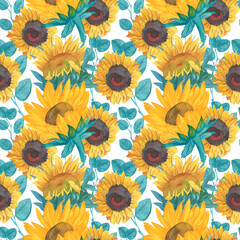 Fototapeta na wymiar Watercolor seamless pattern with yellow sunflowers and turquoise leaves.Botanical print with flowers on white isolated hand drawn background.Designs for textiles,wrapping paper,packaging,invitations.