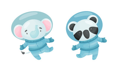 Funny Animals Wearing Astronaut Costumes or Spacesuit Floating in Space Vector Set