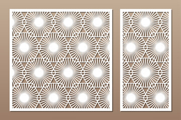 Set decorative card for cutting. Recurring linear geometric mosaic pattern. Laser cut. Ratio 1:1, 1:2. Vector illustration.