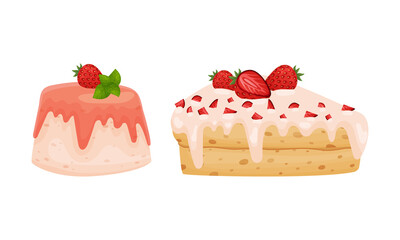Sweet Pastry with Strawberry as Sugary Dessert and Patisserie Vector Set