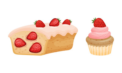 Sweet Pastry with Strawberry as Sugary Dessert and Patisserie Vector Set