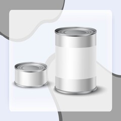 Metallic tin can set with blank white labels for food conservation isolated vector illustration