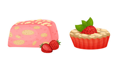 Sweet Pastry with Strawberry as Sugary Dessert and Patisserie Vector Set