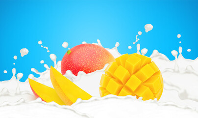 Cutted mango in milk splashes isolated on a blue background.