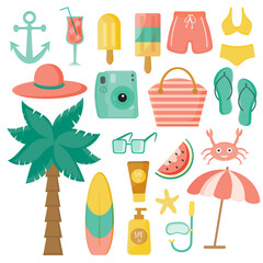 Set of cute summer icons. Hand drawn vector illustration.