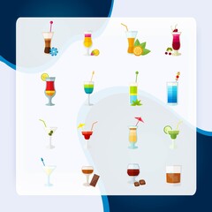 Multicolored large icons set for cocktails party and alcoholic drinks isolated vector illustration