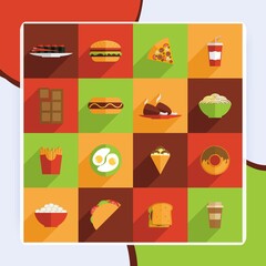 Fast food flat icons set with burger chicken chocolate noodles isolated vector illustration