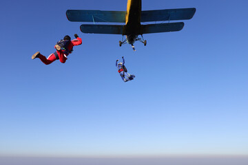 Skydiving. A group of skydivers is in the sky.