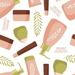 Organic cosmetics seamless pattern. Spa and natural cosmetic elements. Cream jar, tubes, bottles pastel tones. Home body and facial skin care, hair care for textile, wrapping paper, wallpaper