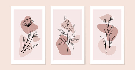 Set of compositions with flowers and leaves. Trendy collage for design in an ecological style. Abstract Plant Art design for print, cover, wallpaper.
