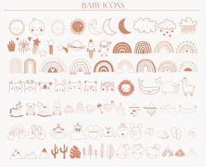 Collection of Baby Icons with cute elements, toys, clothes, animals, moon, sun, stars, rainbow. Bohemian kids illustration. Editable vector illustration.