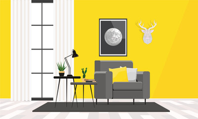 Interior design of a room with yellow walls, a poster with a moon and a deer head on the wall.