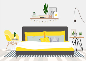 Cozy bedroom in gray and yellow tones - obrazy, fototapety, plakaty