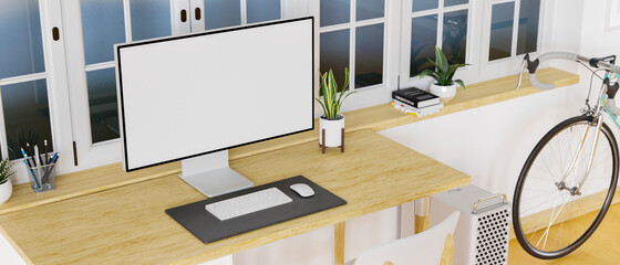 Naklejka premium Loft workspace with desktop computer, stationery on the desk and copy space