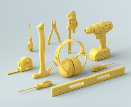 Isometric View Of Monochrome Construction Tools For Repair On Grey And Yellow
