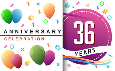 36th years anniversary celebration with colorful balloons and confetti, design for greeting card birthday celebration