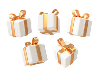 Set of realistic 3d render gift boxes. White gift box with golden bow and ribbon. Gift box in different angles. Vector illustration.
