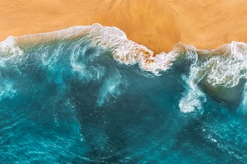 Stoff pro Meter Relaxing aerial beach scene, summer vacation holiday template banner. Waves surf with amazing blue ocean lagoon, sea shore, coastline. Perfect aerial drone top view. Peaceful bright beach, seaside © MISHA